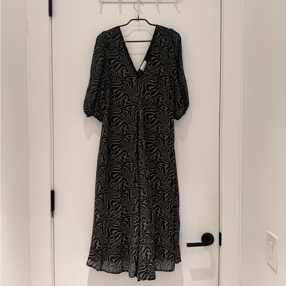 GANNI Green & Black Zebra-esque Pattern Midi Dress